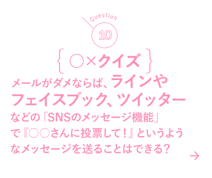 10 ○×クイズ メールがダメならば、ラインやフェイスブック、ツイッターなどの「SNSのメッセージ機能」で『○○さんに投票して！』というようなメッセージを送ることはできる？