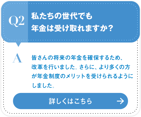 Q2 私たちの世代でも年金は受け取れますか？[A:皆さんの将来の年金を確保するため、改革を行いました。さらに、より多くの方が年金制度のメリットを受けられるようにしました。]