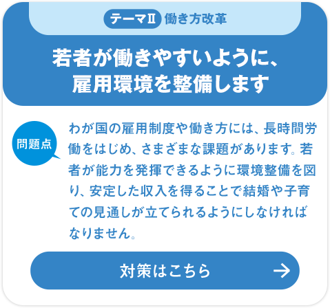 テーマⅡ 働き方改革：若者が働きやすいように、雇用環境を整備します[問題点:わが国の雇用制度や働き方には、長時間労働をはじめ、さまざまな課題があります。若者が能力を発揮できるように環境整備を図り、安定した収入を得ることで結婚や子育ての見通しが立てられるようにしなければなりません。]