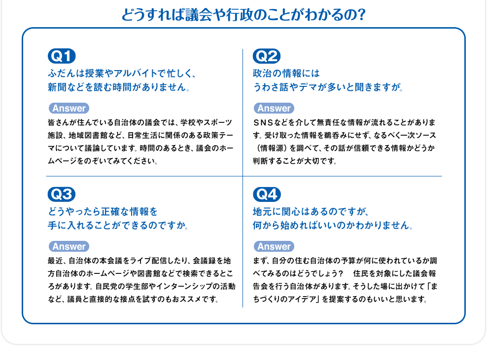 どうすれば議会や行政のことがわかるの？：Q1.ふだんは授業やアルバイトで忙しく、新聞などを読む時間がありません。 Answer.皆さんが住んでいる自治体の議会では、学校やスポーツ施設、地域図書館など、日常生活に関係のある政策テーマについて議論しています。時間のあるとき、議会のホームページをのぞいてみてください。/Q2.政治の情報にはうわさ話やデマが多いと聞きますが。 Answer.SNSなどを介して無責任な情報が流れることがあります。受け取った情報を鵜呑みにせず、なるべく一次ソース（情報源）を調べて、その話が信頼できる情報かどうか判断することが大切です。/Q3.どうやったら正確な情報を手に入れることができるのですか。 Answer.最近、自治体の本会議をライブ配信したり、会議録を地方自治体のホームページや図書館などで検索できるところがあります。自民党の学生部やインターンシップの活動など、議員と直接的な接点を試すのもおススメです。/Q4.地味とに関心はあるのですが、何から始めればいいのかわかりません Answer.まず、自分の住む自治体の予算が何に使われているか調べてみるのはどうでしょう？住民を対象にした議会報告会を行う自治体があります。そうした場に出かけて「まちづくりのアイデア」を提案するのもいいと思います。