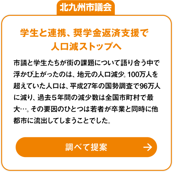 北九州市議会「学生と連携、奨学金返済支援で人口減ストップへ」：市議と学生たちが街の課題について語り合う中で浮かび上がったのは、地元の人口減少。100万人を超えていた人口は、平成27年の国勢調査で96万人に減り、過去５年間の減少数は全国市町村で最大…。その要因のひとつは若者が卒業と同時に他都市に流出してしまうことでした。調べて提案»